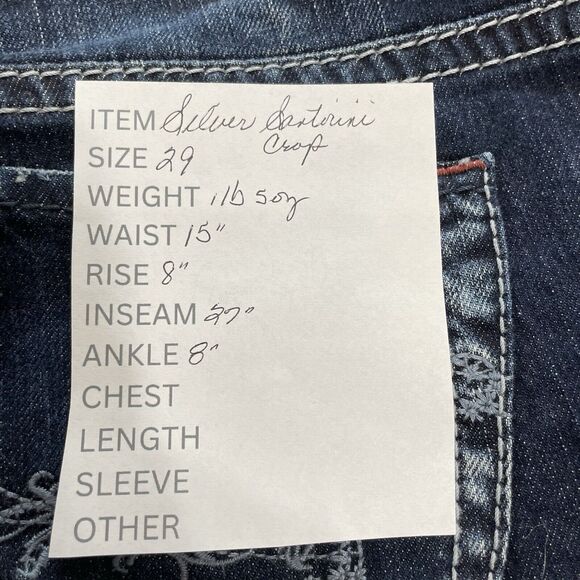 Silver Jeans Women’s 29 Blue Dark Wash SANTORINI Crop Contrast Stitch Pockets - Picture 9 of 9